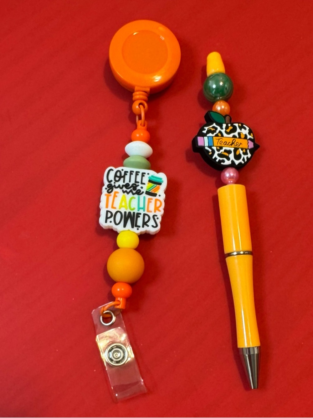 Hand Crafted Orange Teacher Badge Reel and Pen Set